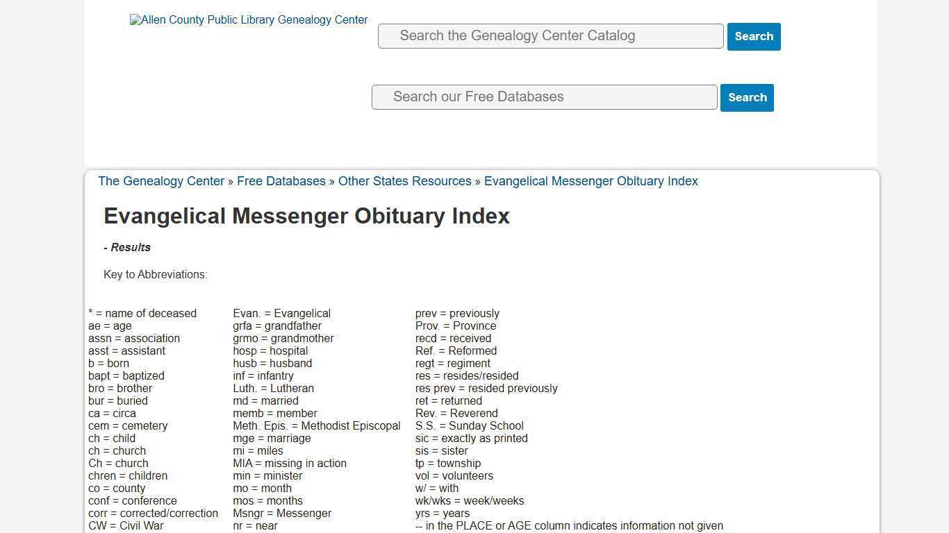 Evangelical Messenger Obituary Index - ACPL Genealogy Center