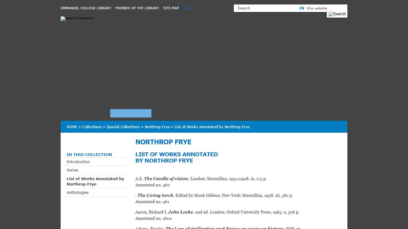 List of Works Annotated by Northrop Frye | Northrop Frye (Fonds 11) | Special Collections | Collections | E.J. Pratt Library